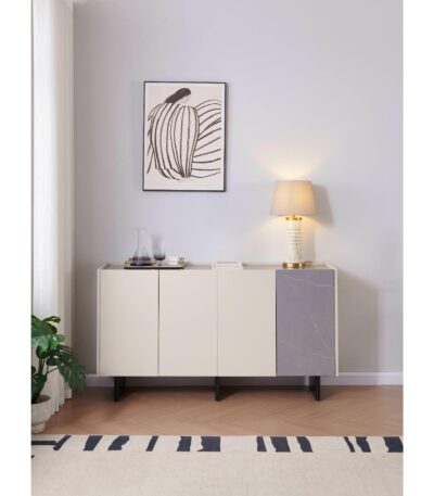 Light grey four-door sideboard with sintered stone top and angled steel legs