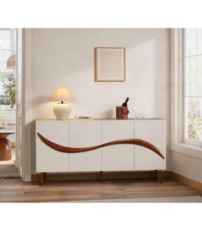 White-Look wood sideboard with sculpted nut-brown handle and four-door storage