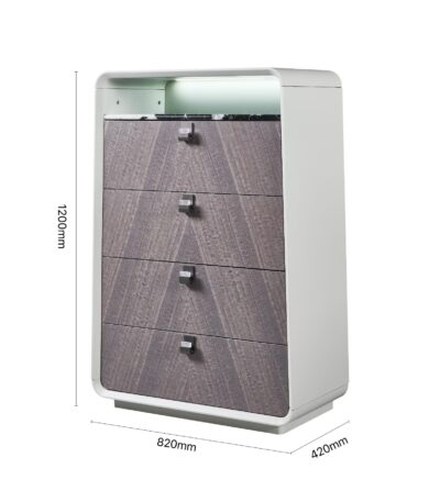White and charcoal grey wood-grain 4-drawer chest with marble-look top and LED shelf