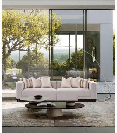Warm grey bouclé 4 seater fabric sofa with rolled arms and walnut wood base