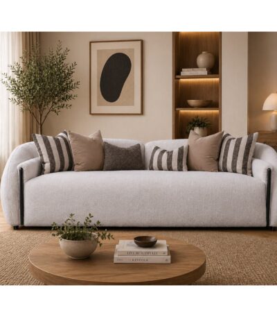 Warm Ivory bouclé 4 seater sofa with black metal leg accents and striped scatter cushions — view 2