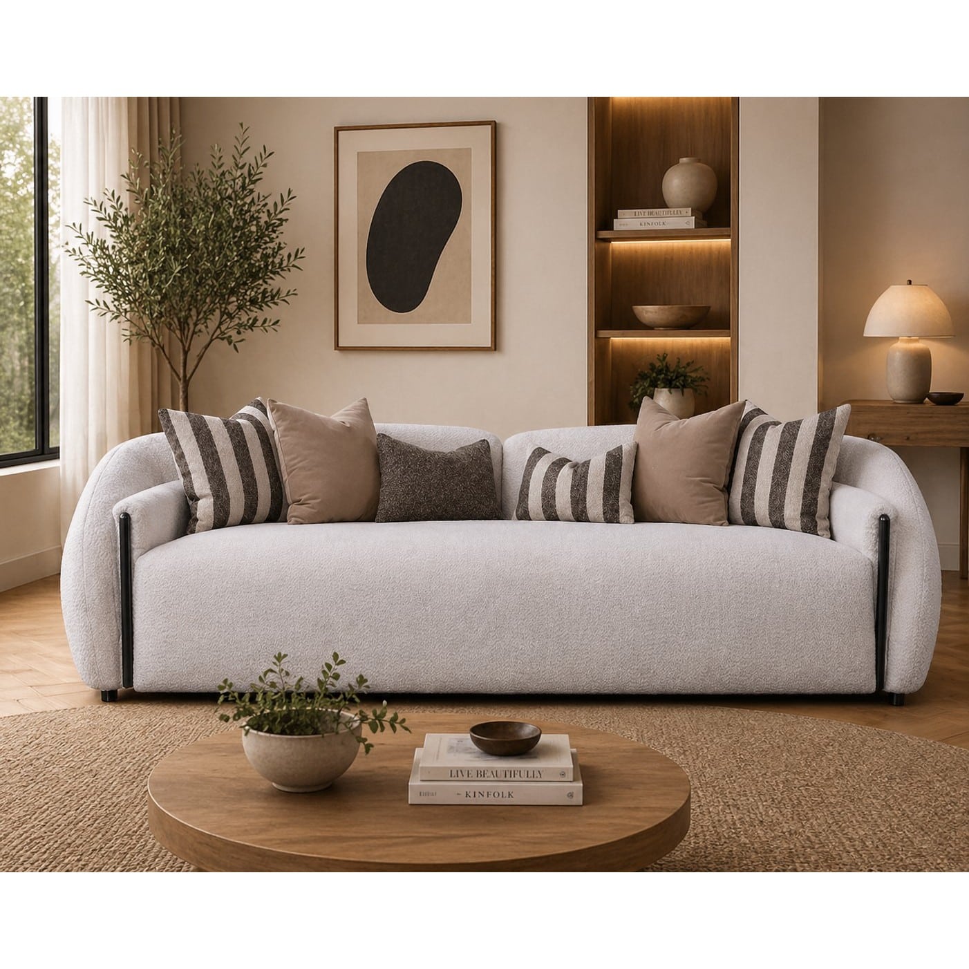 39-30-00014-3.jpg Warm Ivory bouclé 4 seater sofa with black metal leg accents and striped scatter cushions — view 2