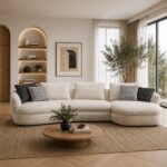 Warm ivory bouclé 4 seater sectional sofa with curved chaise and scatter cushions