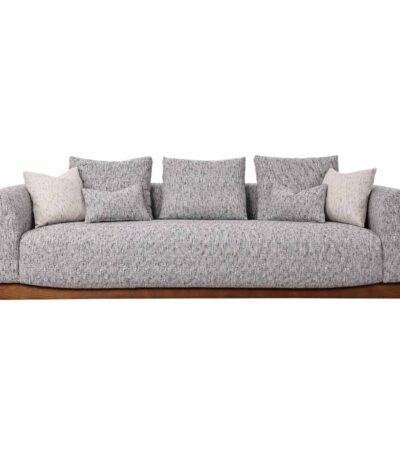 Ash grey textured fabric 4 seater sofa with rolled arms and walnut wood base
