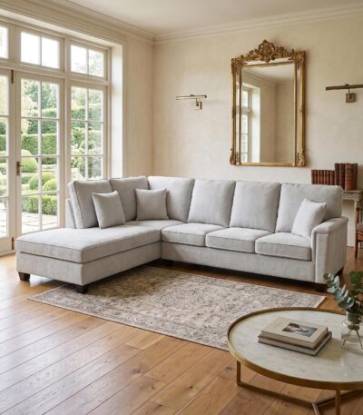Warm ivory chenille L-shaped 4 seater corner sofa with chaise and deep cushions