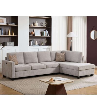 Warm grey fabric L-shaped sectional sofa with chaise and console