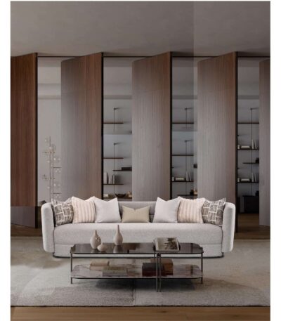Warm grey woven fabric four seater sofa with rolled arms and scatter cushions — view 2