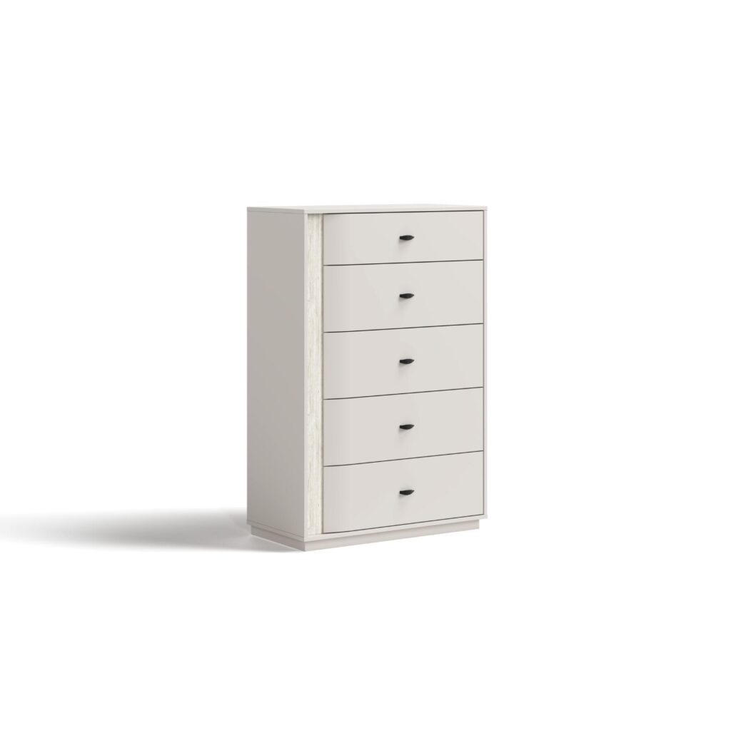Ivory 5-drawer chest with travertine marble-look inlay and black handles