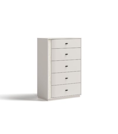 Ivory 5-drawer chest with travertine marble-look inlay and black handles