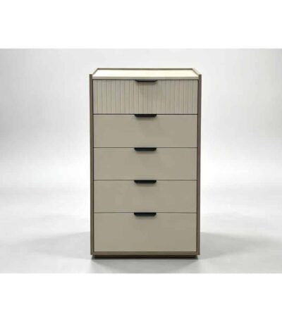 Warm walnut engineered wood chest of drawers with cream fluted front and stone-look top