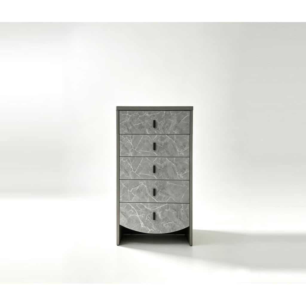 Stone grey marble-look 5-drawer chest with curved base and slim bar handles