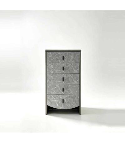 Stone grey marble-look 5-drawer chest with curved base and slim bar handles