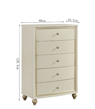 Ivory five-drawer bedroom chest with champagne gold trim and crystal-look knobs