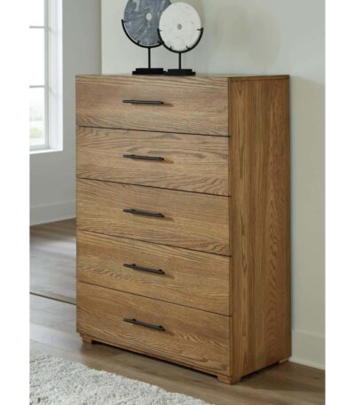 Honey Oak wood 5-drawer chest with matte black bar handles