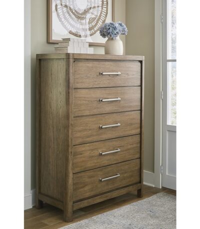 Light Brown wood five-drawer chest with brushed metal bar pulls
