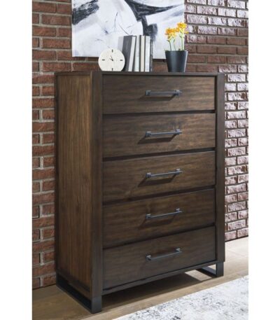 Warm brown wood 5-drawer chest with bar pull handles and metal base