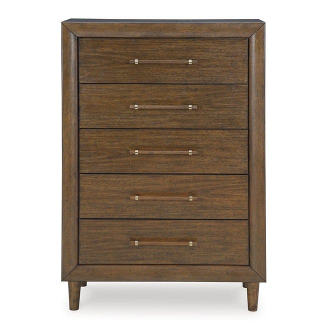 93-02-00013-4.jpg Warm Brown wood-grain 5-drawer chest with brass-toned bar pulls and tapered legs — view 2