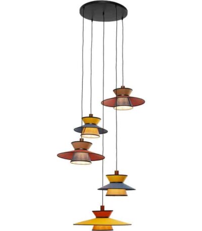 Multicolour fabric cluster pendant lamp with five tiered shades and black ceiling canopy