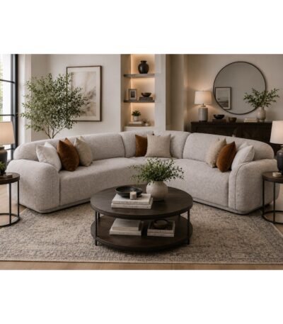 Taupe and ivory chenille 5 seater corner sofa set with rolled arms — view 2