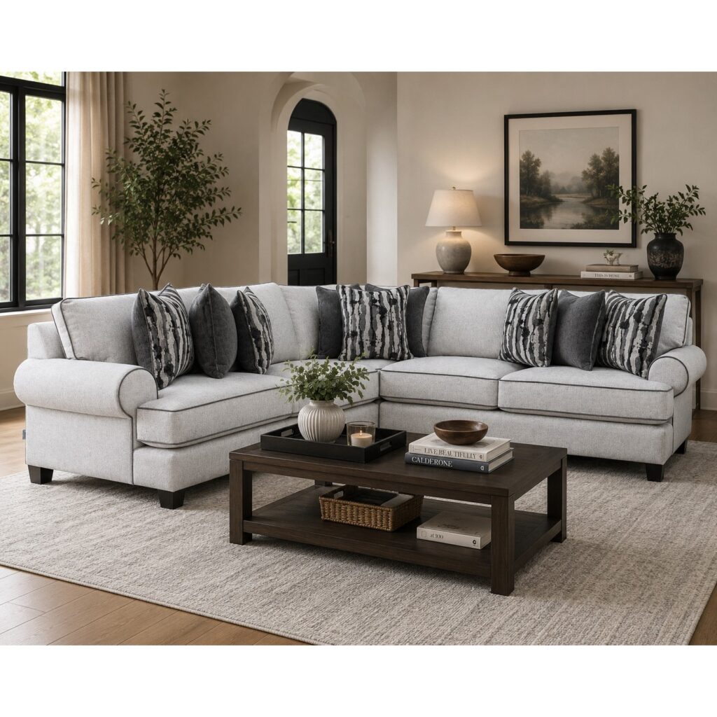 Warm oatmeal fabric 5 seater corner sofa set with rolled arms and charcoal scatter cushions