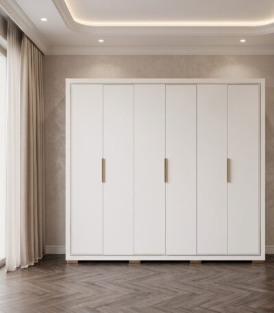 White six-door wardrobe with gold trim and lockable internal drawer