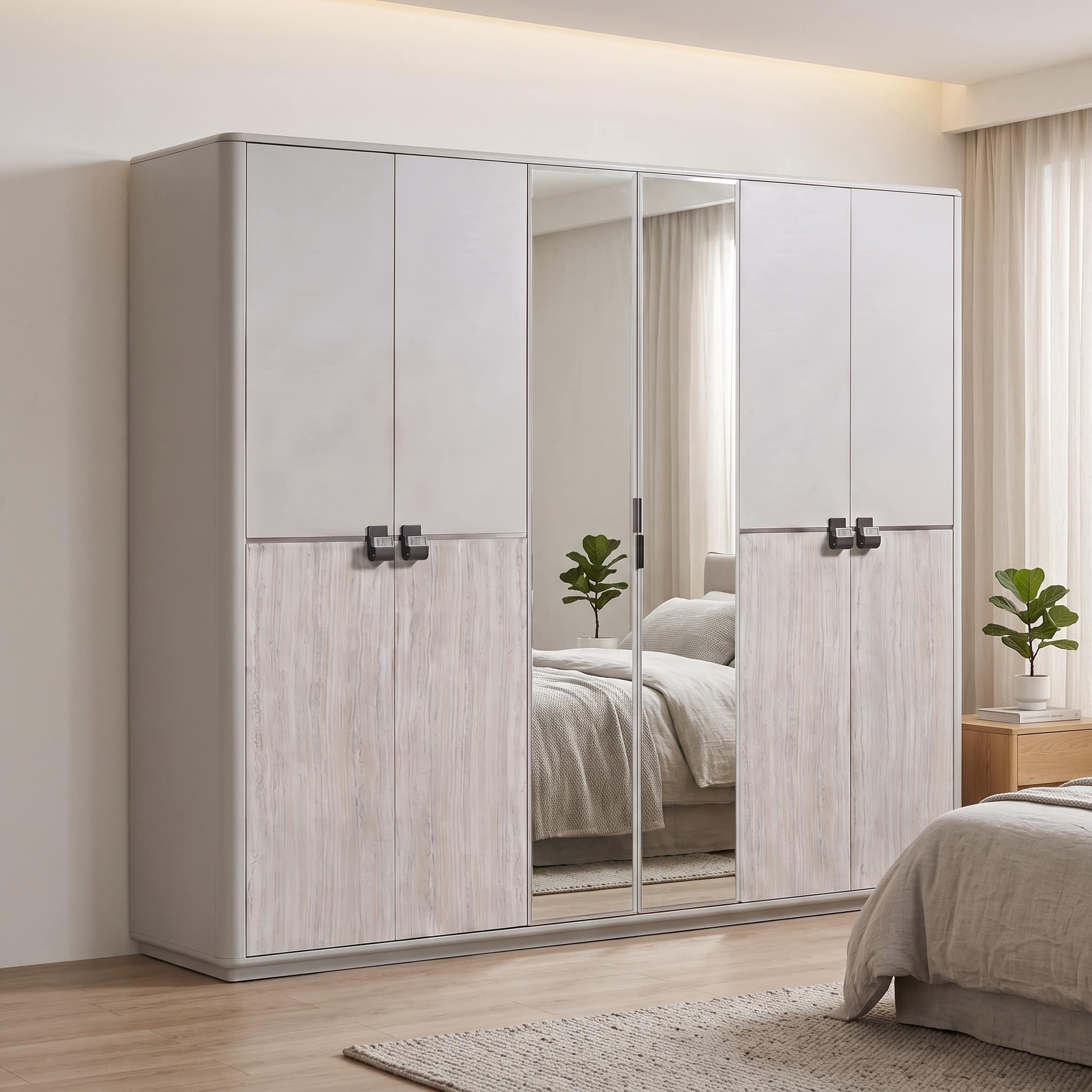 03-30-00080-14.jpg Ash grey 6-door wardrobe with mirrored centre panels and whitewashed oak-look accents — view 3