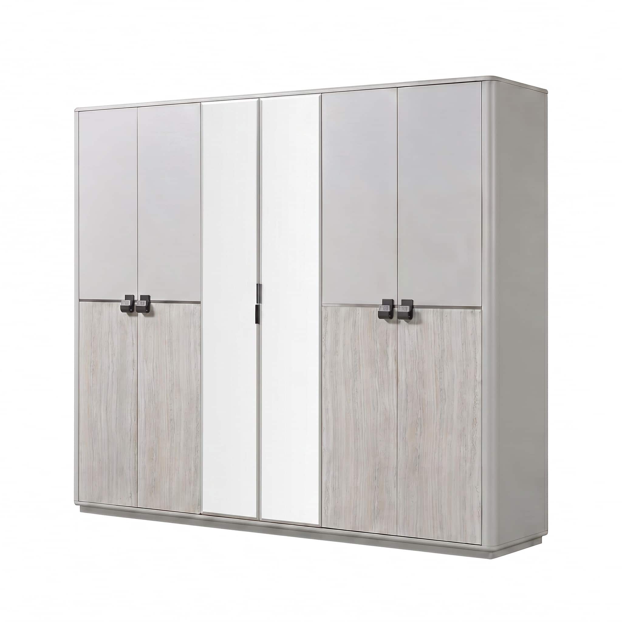 03-30-00080-20.jpg Ash grey 6-door wardrobe with mirrored centre panels and whitewashed oak-look accents — view 4