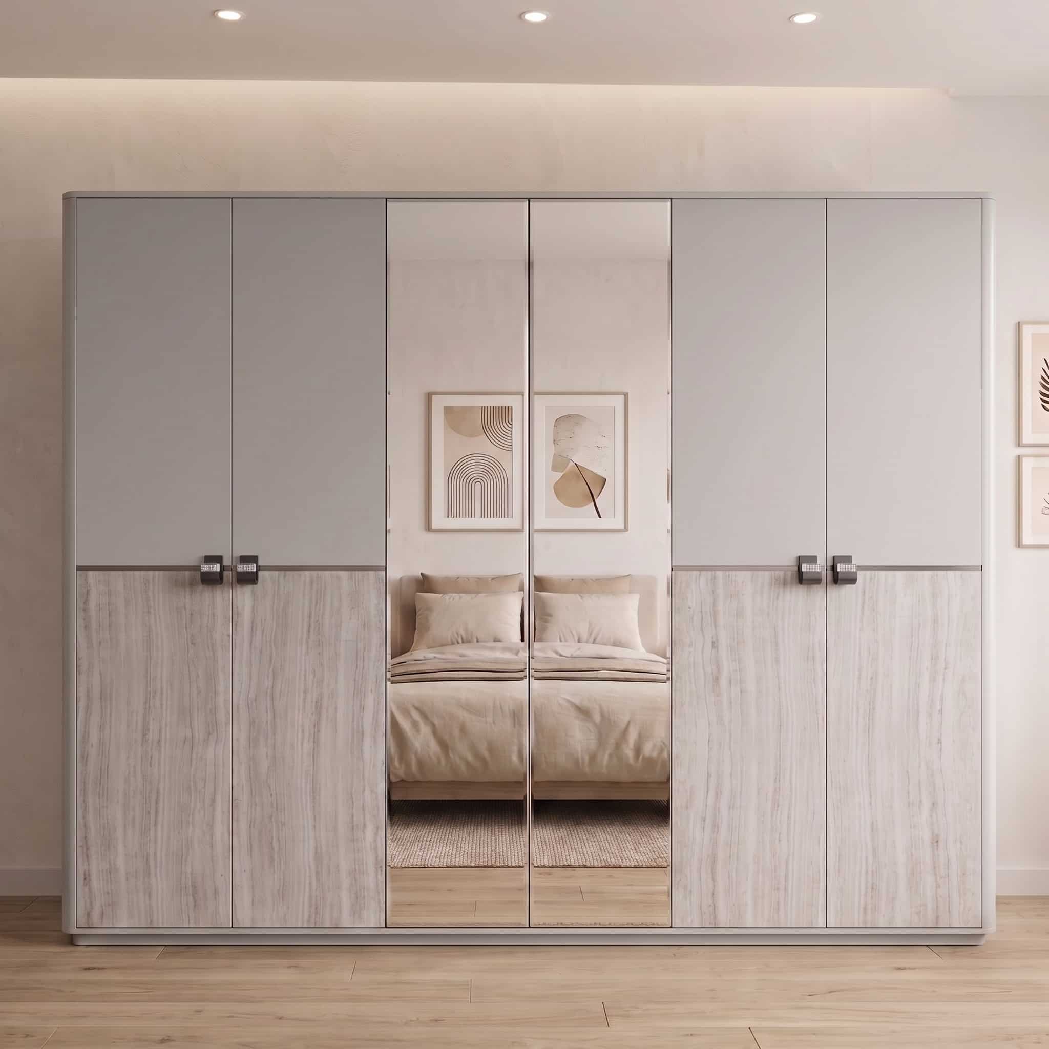 03-30-00080-9.jpg Ash grey 6-door wardrobe with mirrored centre panels and whitewashed oak-look accents — view 7