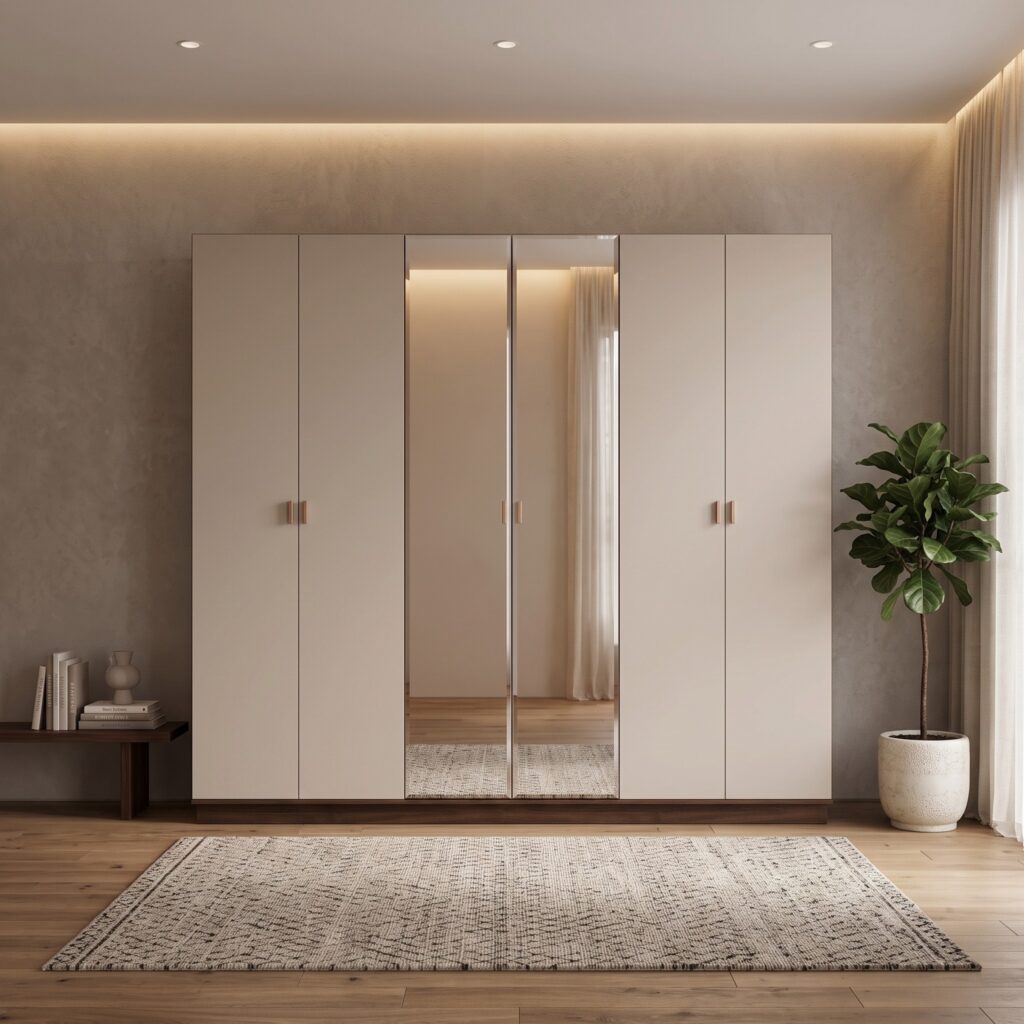 Grey 6-door wardrobe with mirrored panels and dark walnut base