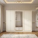 Ivory 6-door wardrobe with mirrored centre panels and champagne gold trim