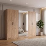Six-door warm oak wood-grain wardrobe with mirrored centre panels and black recessed handles — view 2