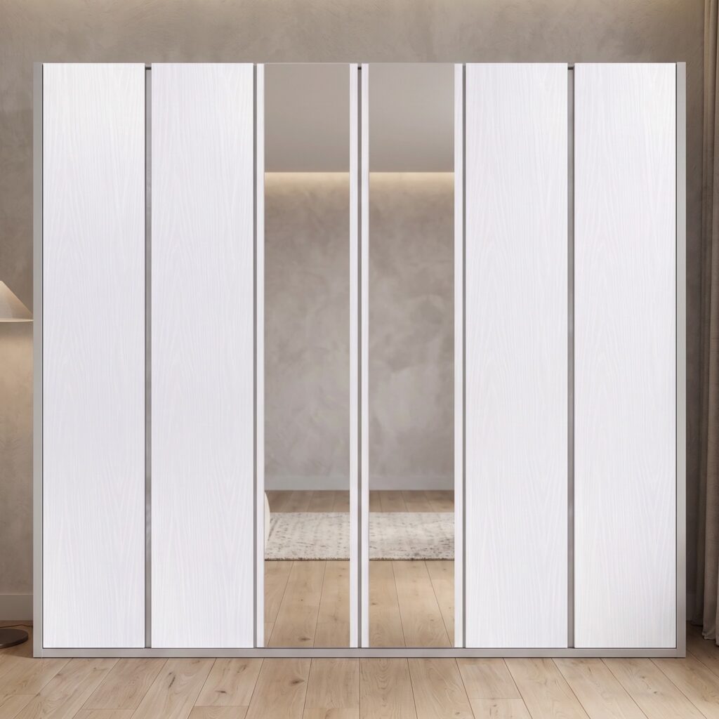 White Wash 6-door wardrobe with mirrored panels and wood-grain finish