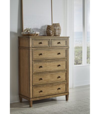Honey Oak wood 6-drawer bedroom chest with brass-toned knobs and tapered legs