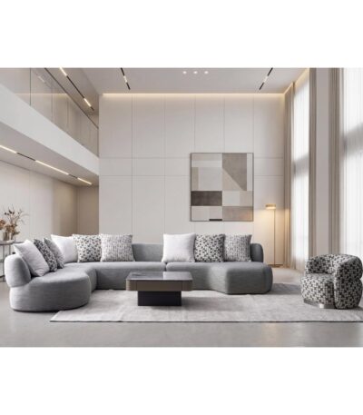 Ash grey 6 seater fabric corner sofa set with patterned armchair and rolled arms