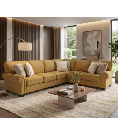 Mustard gold 6 seater fabric corner sofa set with rolled arms and patterned scatter cushions
