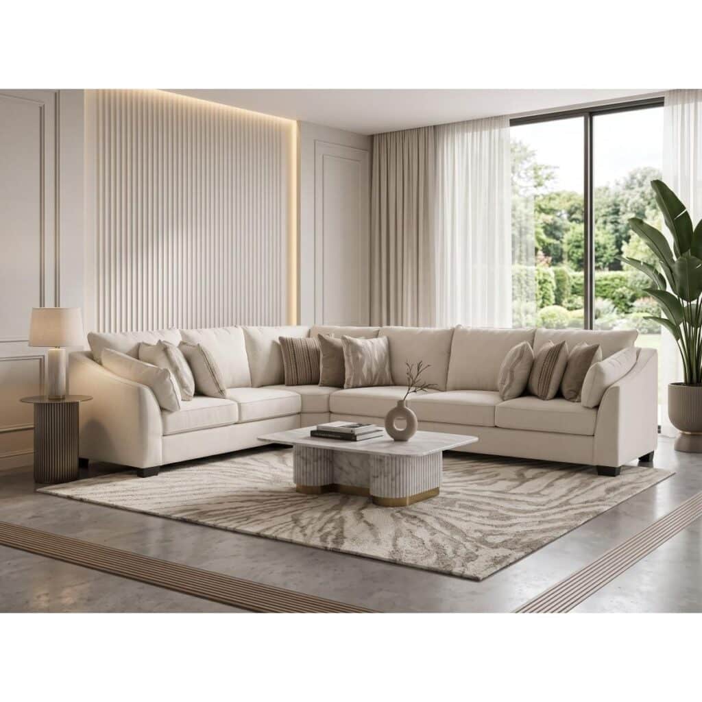 Warm ivory 6 seater fabric corner sofa set with textured scatter cushions