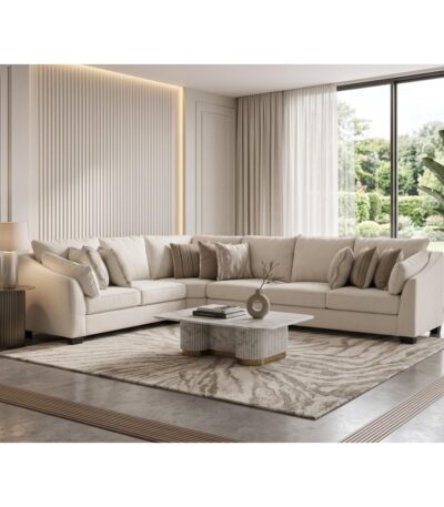 Warm ivory 6 seater fabric corner sofa set with textured scatter cushions
