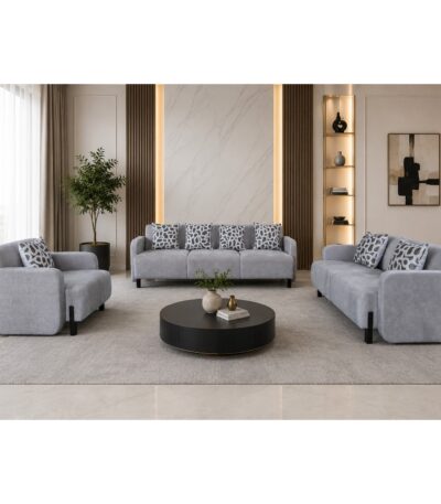 Warm grey fabric 6 seater sofa set with track arms and patterned scatter cushions