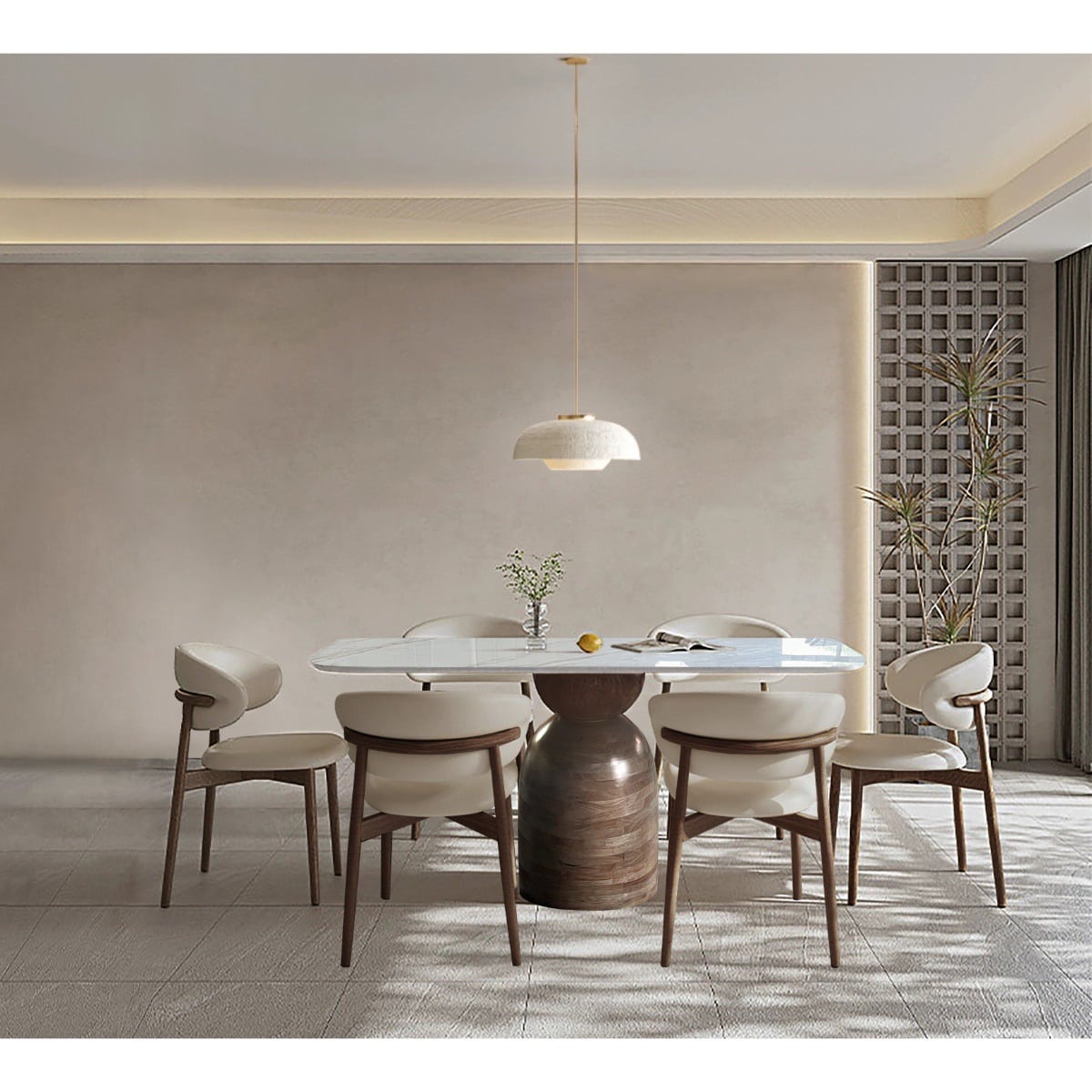 08-30-00203-3.jpg Rectangular white marble-look dining table with sculpted walnut pedestal base