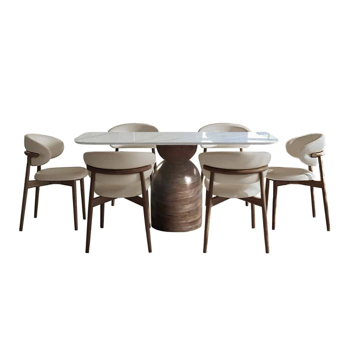 08-30-00203-4.jpg Rectangular white marble-look dining table with sculpted walnut pedestal base — view 2