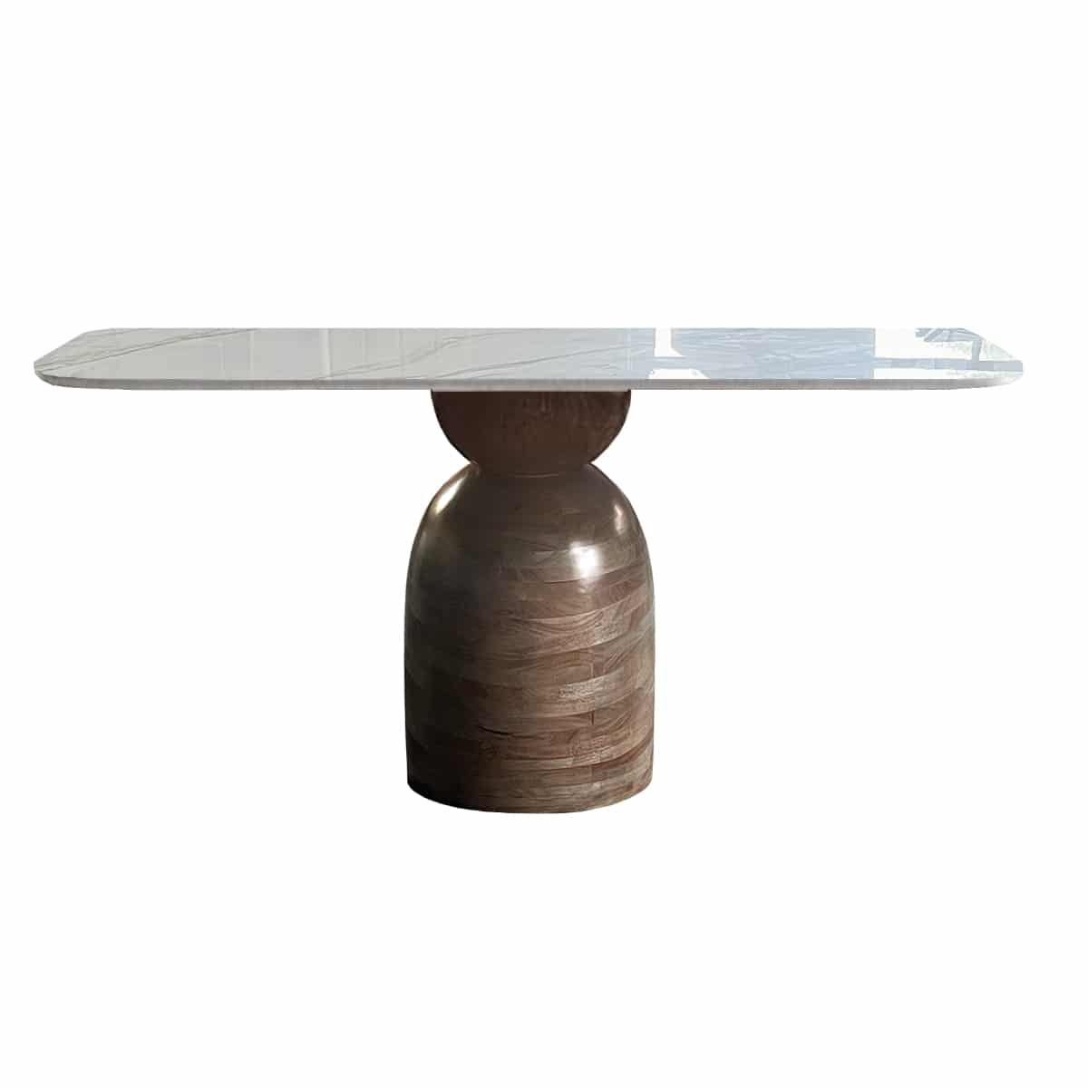 08-30-00203-5.jpg Rectangular white marble-look dining table with sculpted walnut pedestal base — view 3