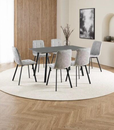 Shiny grey rectangular dining table with 6 ash grey fabric chairs and black metal legs