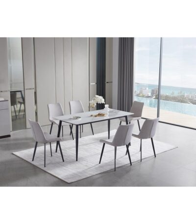 Rectangular White Marble-Look dining table with matte black legs and grey fabric chairs