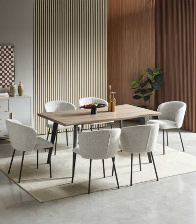 Rectangular wood-look dining table with six ivory boucle chairs and black metal legs