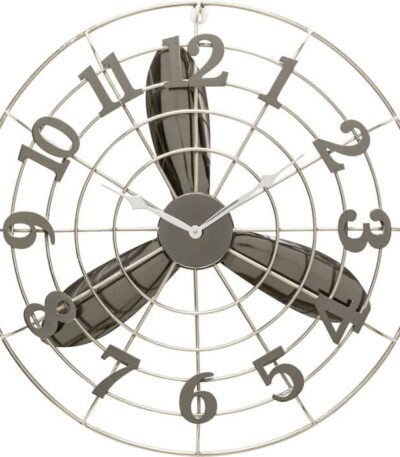 Silver metal fan-blade wall clock with gunmetal blades and oversized numerals, 61cm