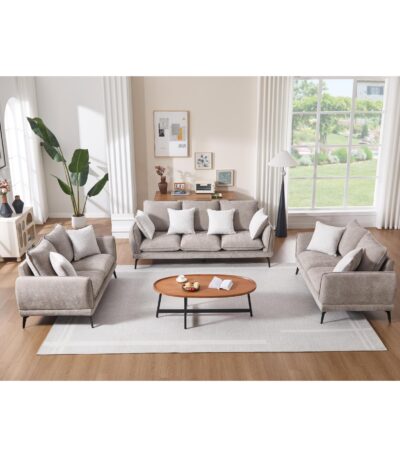 Warm taupe chenille 7 seater sofa set with rolled arms and black metal legs