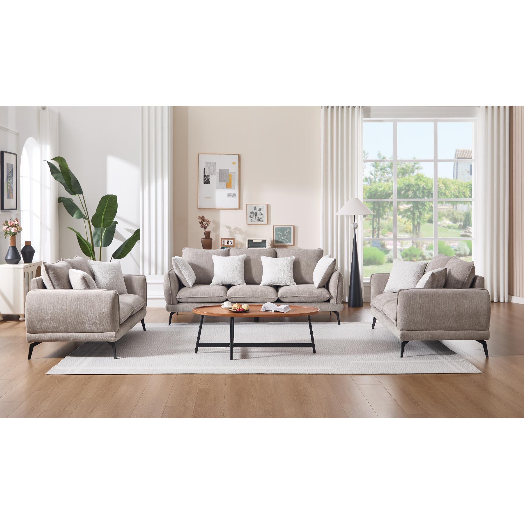 01-02-00671-3.jpg Warm taupe chenille 7 seater sofa set with rolled arms and black metal legs — view 2