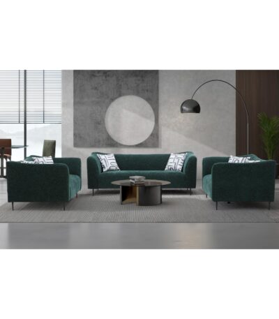 Forest green 7 seater fabric sofa set with sofa and two loveseats and rolled arms