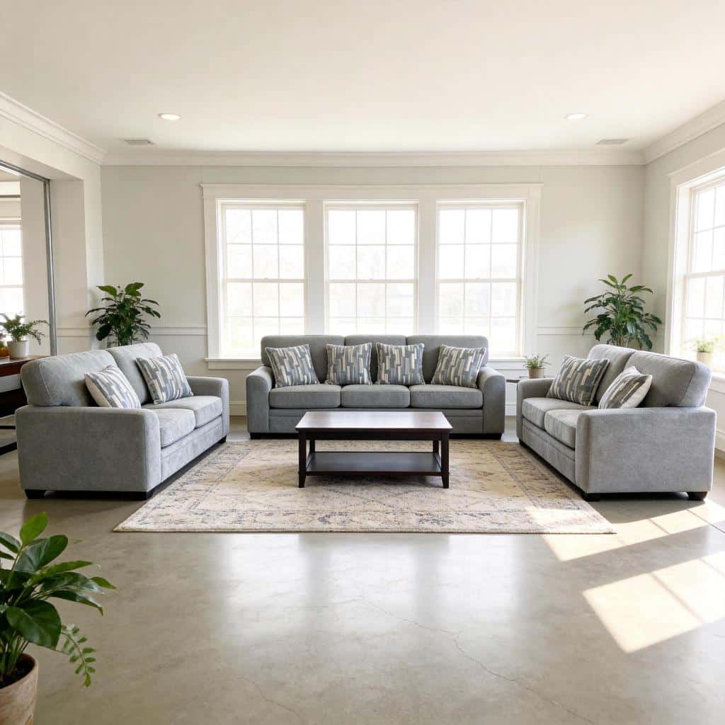 Slate grey 7 seater fabric sofa set with sofa and two loveseats and patterned scatter cushions