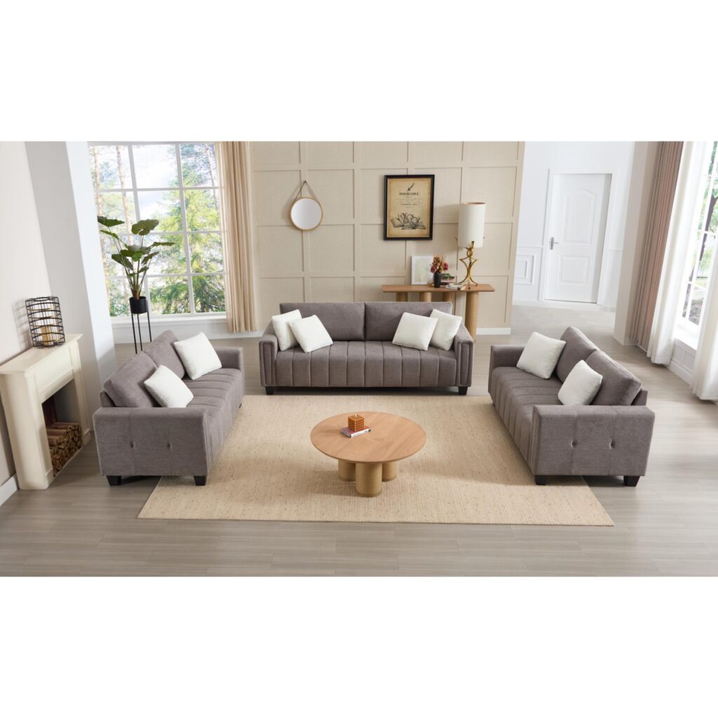 Warm taupe grey 7 seater fabric sofa set with channel-stitched detailing and cream scatter cushions